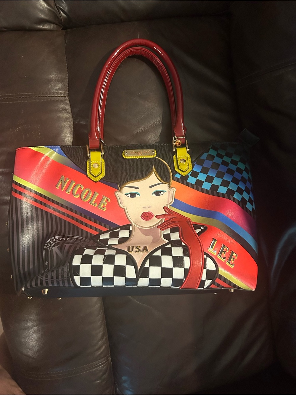 Nicole Lee “Racing Girl” Pop Art top handle tote bag
